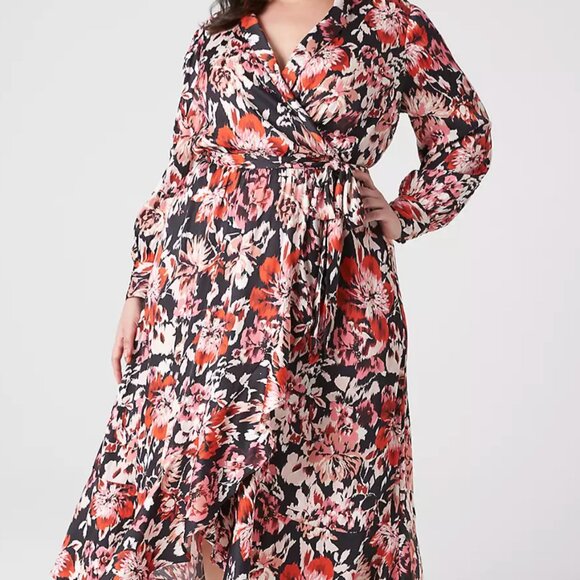 Lane Bryant Long Sleeve Shawl Collar Wrap Midi Dress Size 18 IKat Floral NWT - Picture 1 of 8